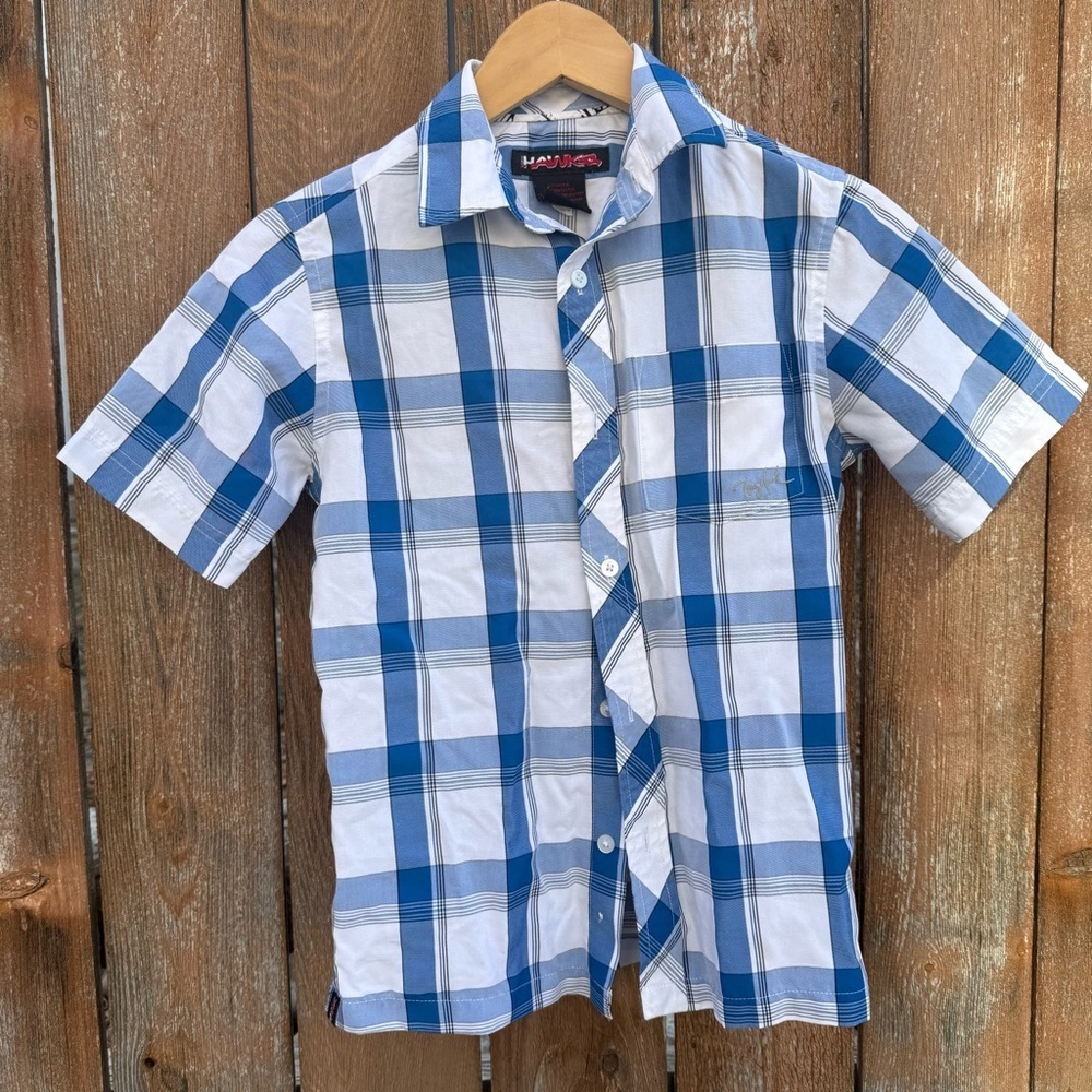 Tony Hawk Boys Blue White Plaid Short Sleeve Button Down Shirt Size 8